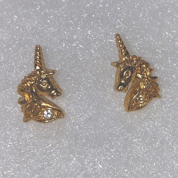 1985 AVON Unicorn Earrings - Gold Tone Unicorn Stud Earrings - Picture 1 of 4